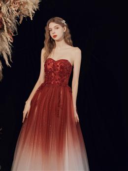 Picture of Red Color Sweetheart Beaded Gradient Long Party Dresses, A-line Tulle New Prom Dress